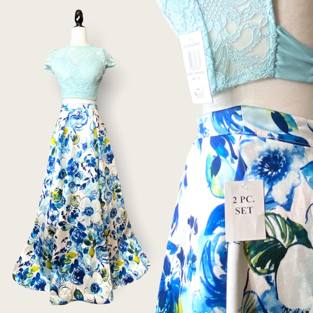 🆕 NWT B. Darlin’ 2-Piece Blue Ballgown Maxi Skirt Tie-Waist Crop Top Set Sz 5/6